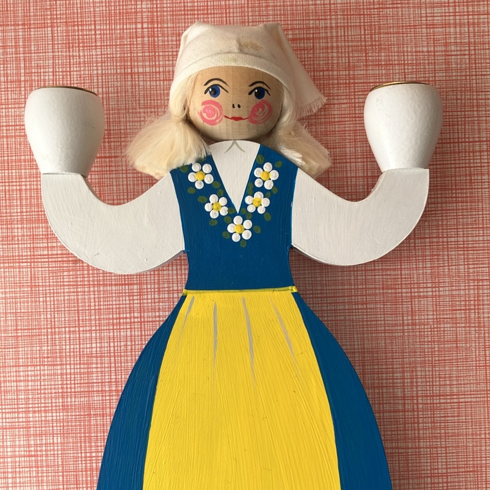 Hantverksboden Swedish Handcrafted Wooden Doll Candle Holder - Blue and Yellow - Picture 14 of 15